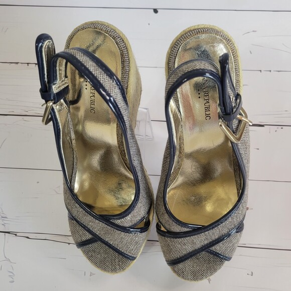 Banana Republic navy blue jute sling back peep toe wedge heels size 7 - Picture 3 of 8